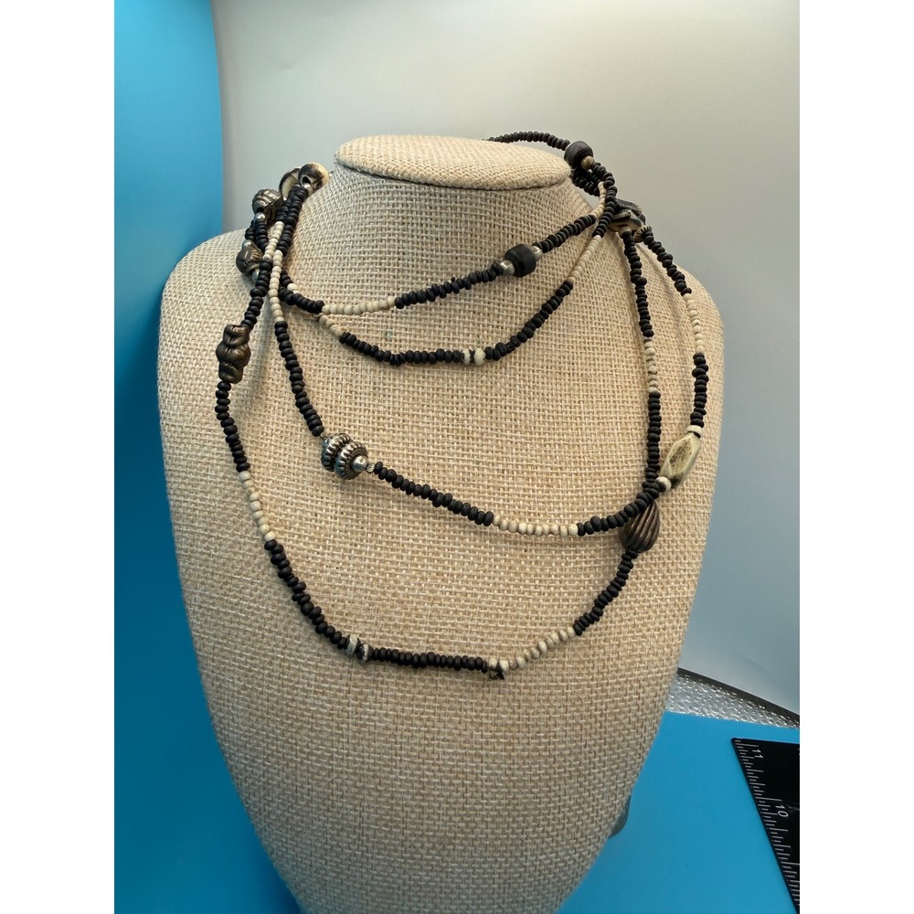 Vintage Boho Long Beaded Necklace Black Cream Bone Silver Tone Mixed Media 48 In